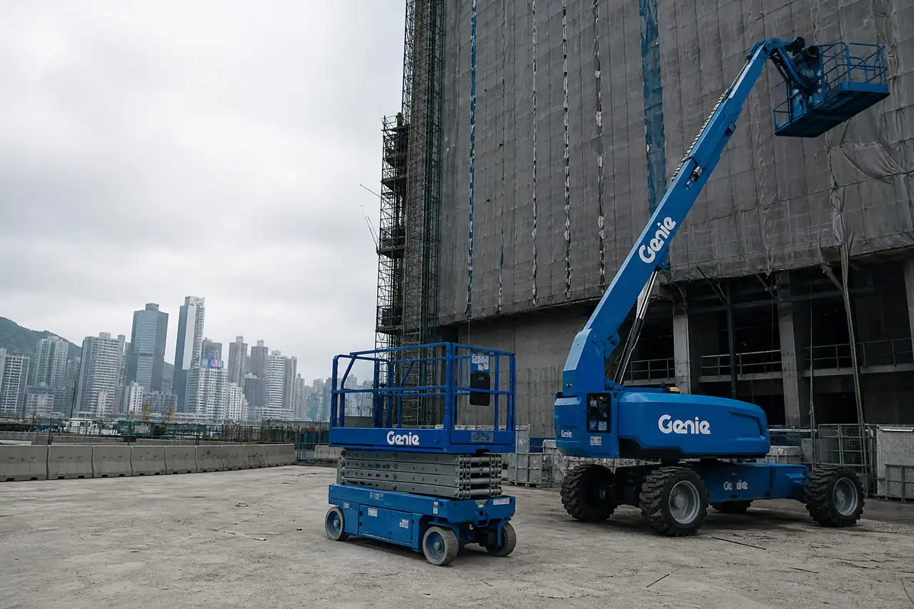 藍色剪型高空工作車與曲臂式高空工作車在香港地盤作業 — 高高易升降台租賃